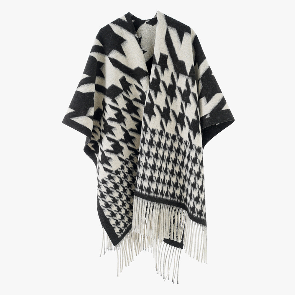 Women Wool Blend Poncho with Houndstooth Pattern and Fringe Hem Mune Fashion
