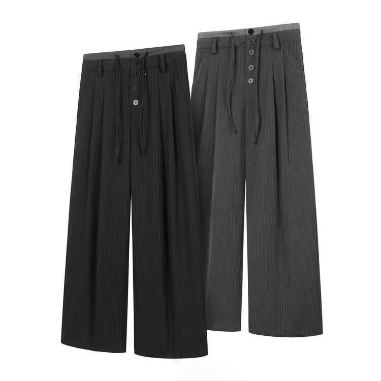Women's High-waisted Wide Suit Pants with Pinstripes, Button Placket & Waist Drawstring Mune Fashion