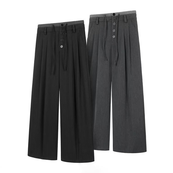 Women's High-waisted Wide Suit Pants with Pinstripes, Button Placket & Waist Drawstring Mune Fashion