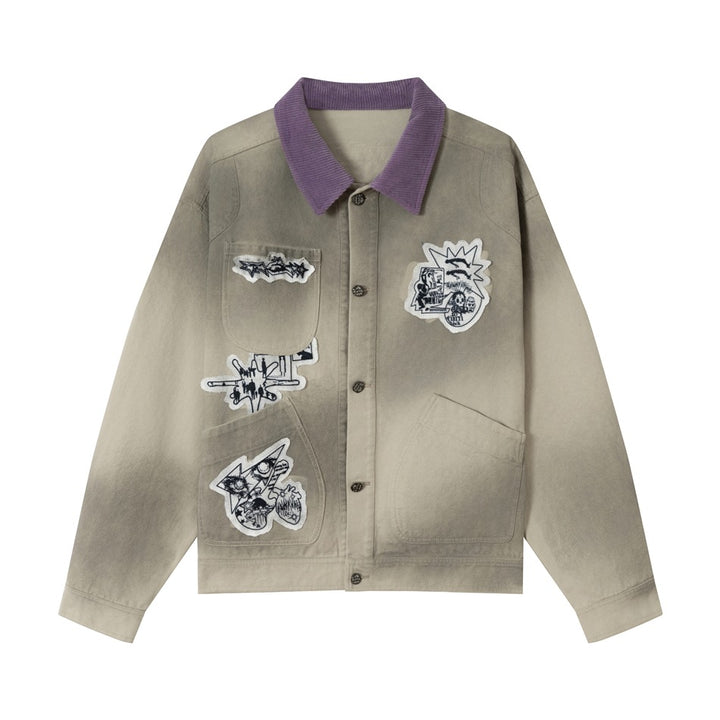 Unisex Traditionally tailored chore jacket made of cotton canvas with artistic patch applications and cord collar Mune Fashion