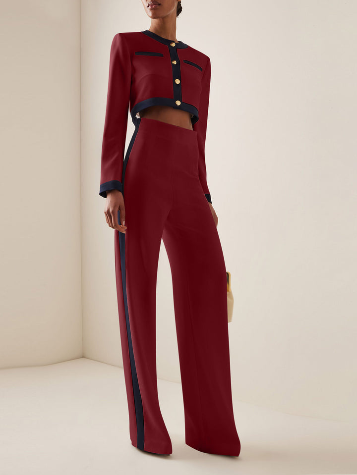 Women's Short Cropped Tailoring Set with Contrast Piping and High-Waist Palazzo Pants Mune Fashion