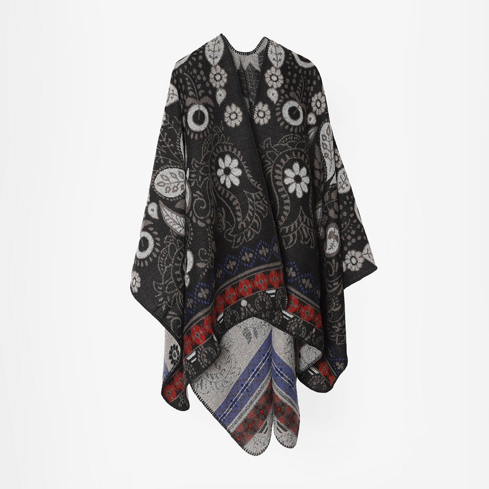 Women Oversize Jacquard Throw in Cape Style with Paisley and Floral Design Mune Fashion