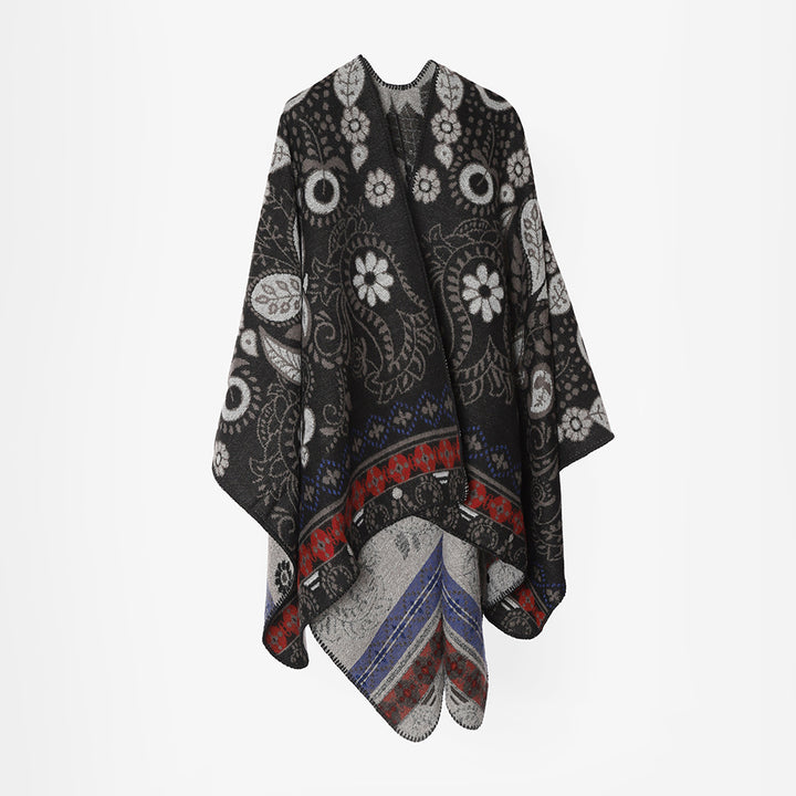 Women Oversize Jacquard Throw in Cape Style with Paisley and Floral Design Mune Fashion