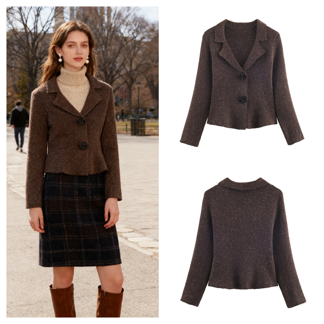 Women's short tailored wool look jacket with lapel collar and decorative floral buttons Mune Fashion