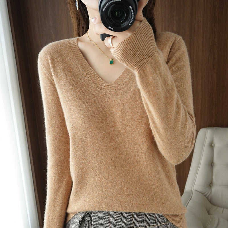 Women Soft V-Neck Cashmere Blend Sweater with Fine Ribbed Cuffs Mune Fashion