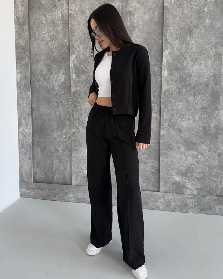 Women Elegant Two-Piece Set with Short Jacket and High Waist Pleated Pants Mune Fashion
