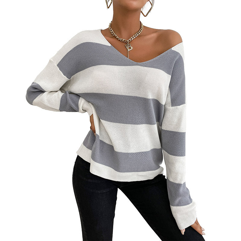 Women's Casual V-Neck Knitted Sweater with Wide Stripes Mune Fashion