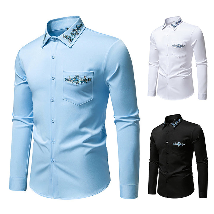 Men's Elegant Slim-Fit Shirt with Floral Embroidery on the Collar and Patch Chest Pocket Mune Fashion