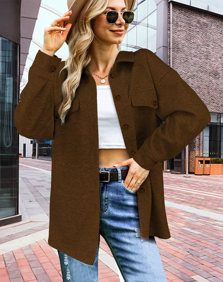Women's Longline Oversized Shirt Jacket with Flap Pockets and Textured Fabric Mune Fashion