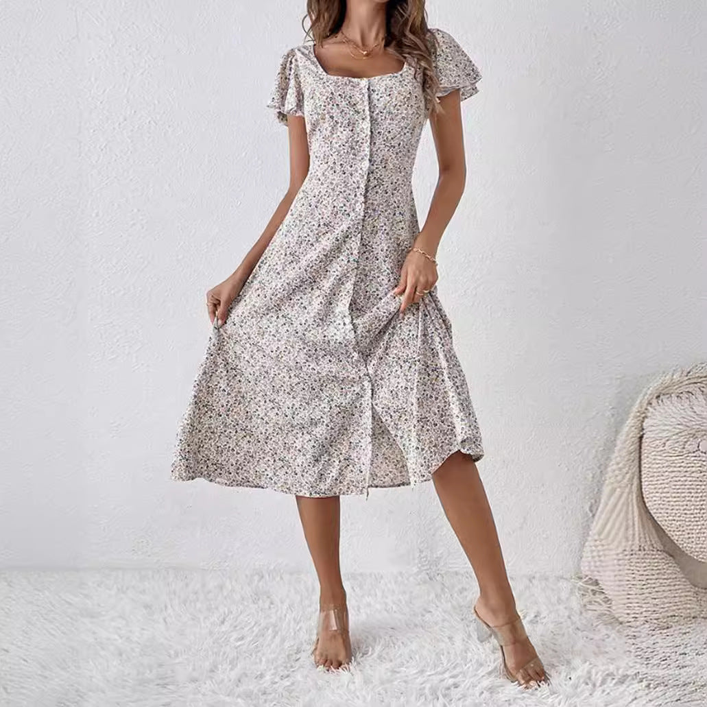 Women's fitted midi dress with square neckline, concealed button placket, and flowing A-line skirt Mune Fashion