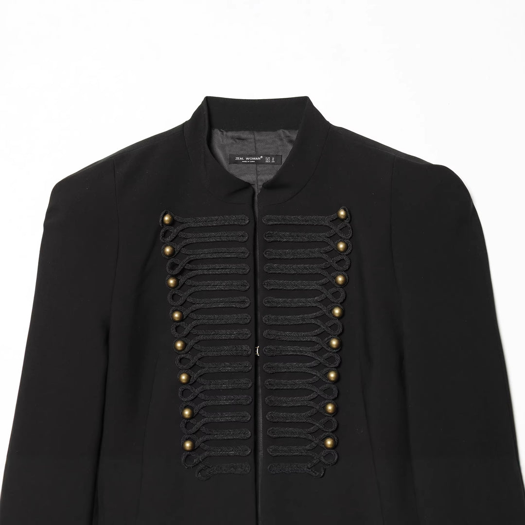 Women's short jacket with military-inspired design, featuring decorative cord trim and stand-up collar Mune Fashion