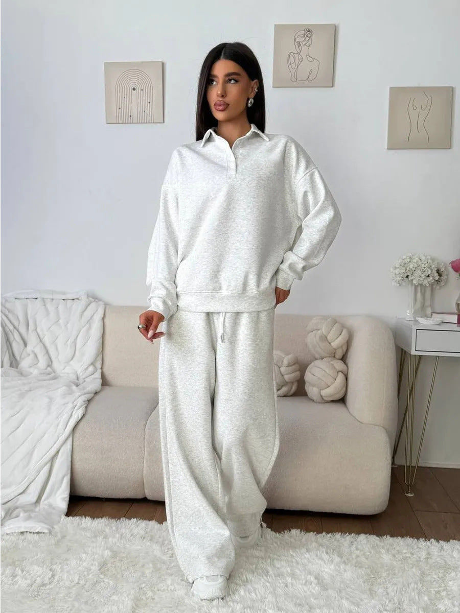 Women's wide Polo lounge set with elastic drawstring waistband and wide-leg jogging pants Mune Fashion