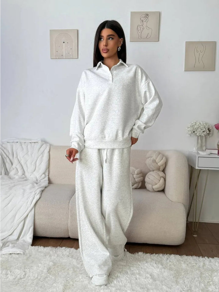 Women's wide Polo lounge set with elastic drawstring waistband and wide-leg jogging pants Mune Fashion