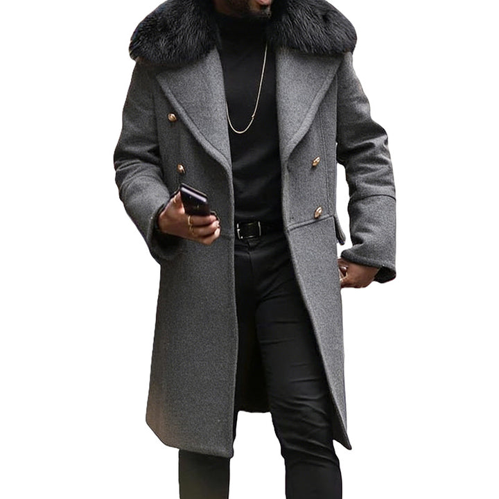 Men's Double-Breasted Wool Coat with Large Faux Fur Collar Mune Fashion