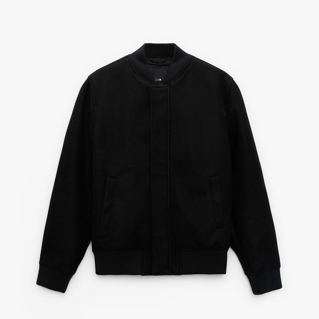 Men's bomber jacket made of wool blend in boxy cut with concealed snap button placket and ribbed cuffs Mune Fashion