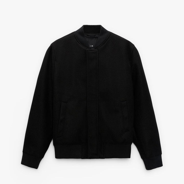 Men's bomber jacket made of wool blend in boxy cut with concealed snap button placket and ribbed cuffs Mune Fashion