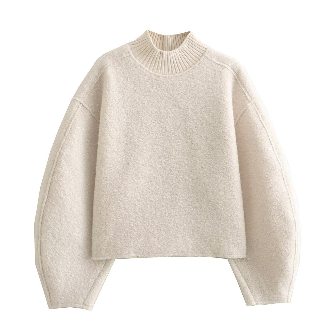 Women Oversize Cropped Pullover with Stand-Up Collar and Balloon Sleeves Mune Fashion
