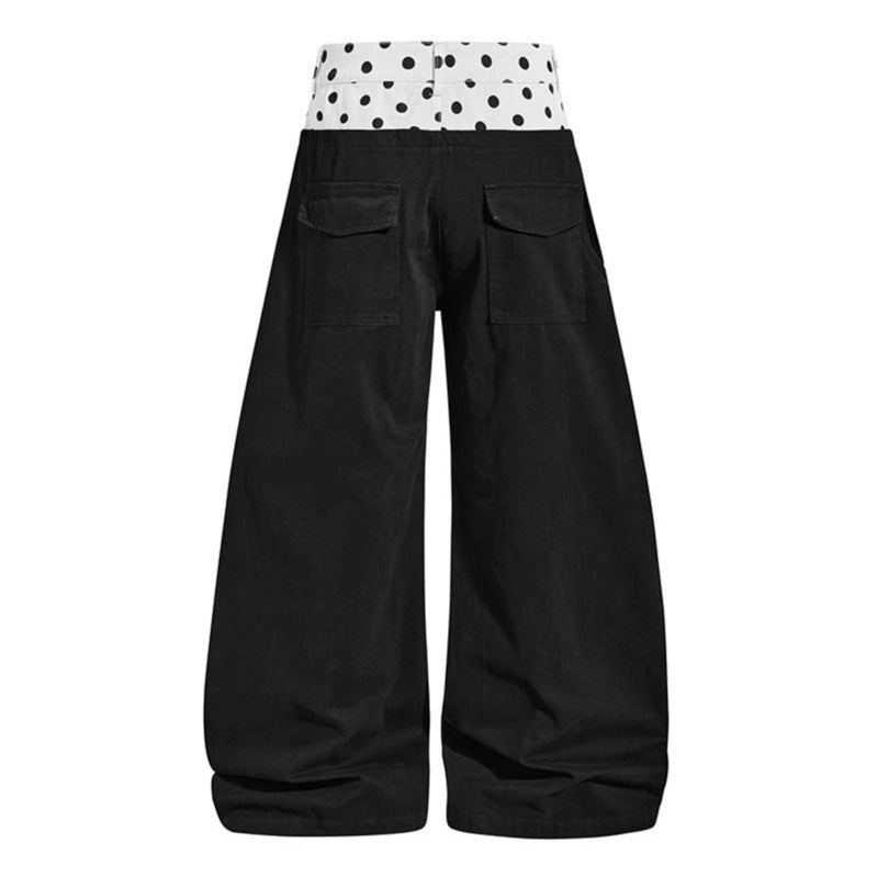 Women's Wide High-Waist Palazzo Pants with Polka-Dot Waistband and Jewelry Pendant Mune Fashion