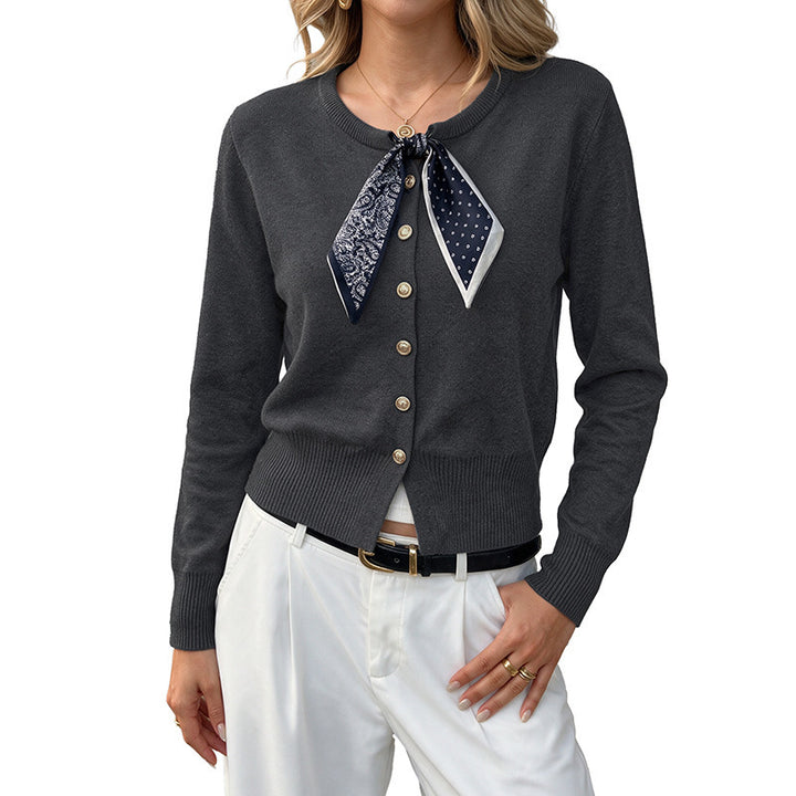 Ladies Stylish Cardigan with Button Placket and Silk Scarf Mune Fashion