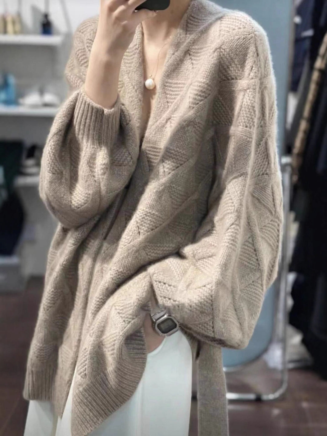 Women's Oversized Cardigan in Mohair Look with Cable Pattern Mune Fashion