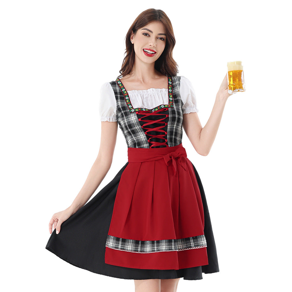 Ladies traditional Dirndl dress with checked bodice, lacing, puff sleeves, and apron Mune Fashion