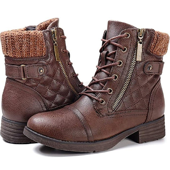 Ladies nan quilted lace-up biker boots with side zipper, padded shaft and sturdy tread sole Mune Fashion
