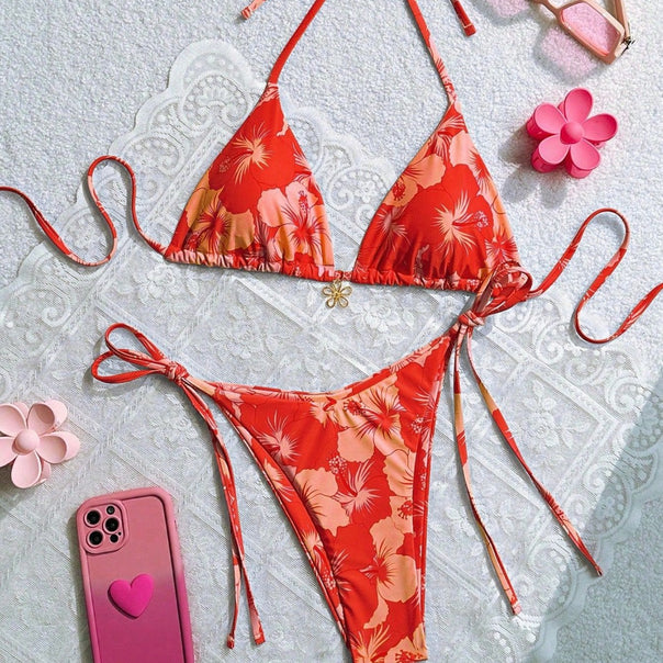 Women's triangle bikini with floral accents and intricate ties Mune Fashion
