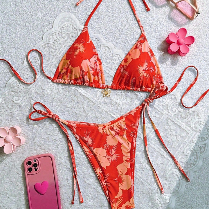 Women's triangle bikini with floral accents and intricate ties Mune Fashion