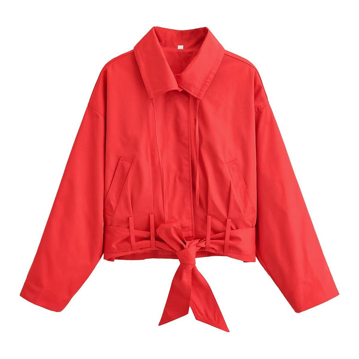 Women's Short Cut Boxy Transitional Jacket with Tying Belt and Shirt Collar Mune Fashion