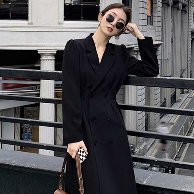 Ladies Double-Breasted Long Blazer Coat with Tailored Cut and Structured Shoulders Mune Fashion