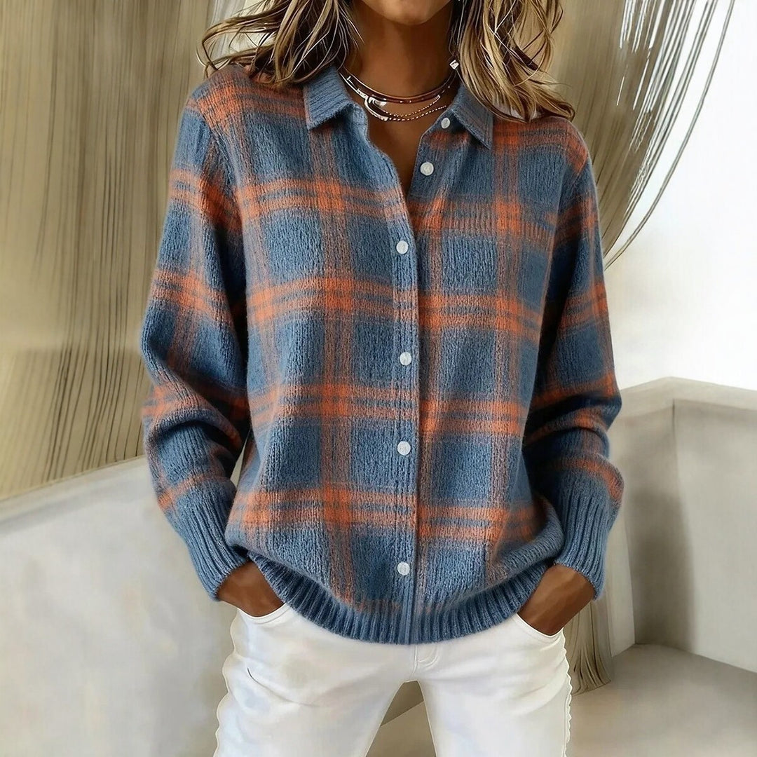 Women's Checked Knit Shirt Jacket Cardigan with Shirt Collar and Ribbed Cuffs Mune Fashion