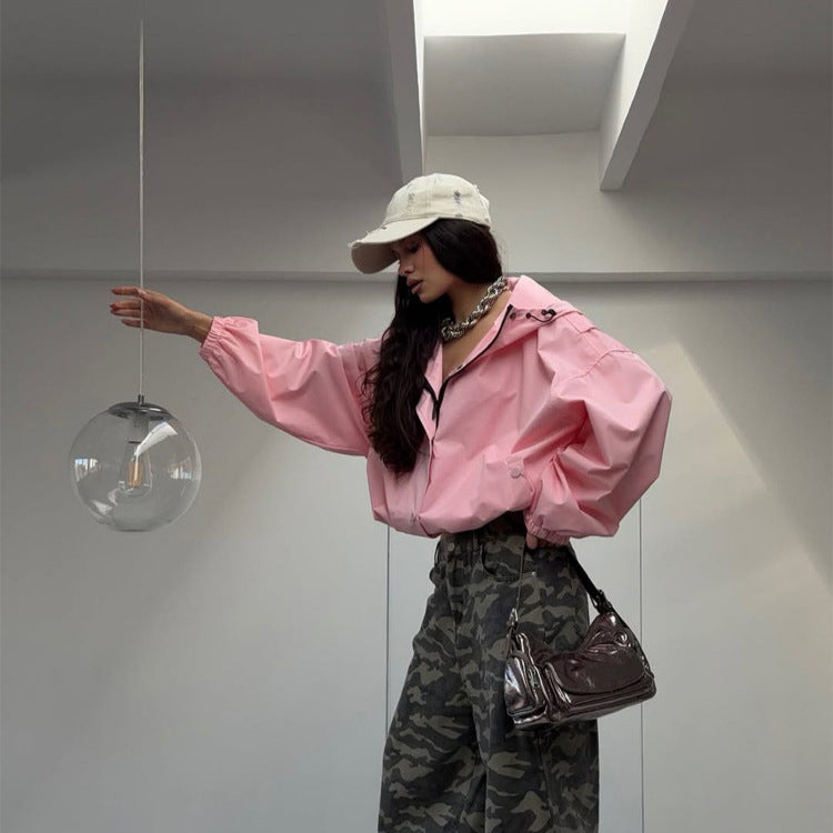 Women's Oversize Windbreaker Jacket with Hood and Short Cropped Cut Mune Fashion