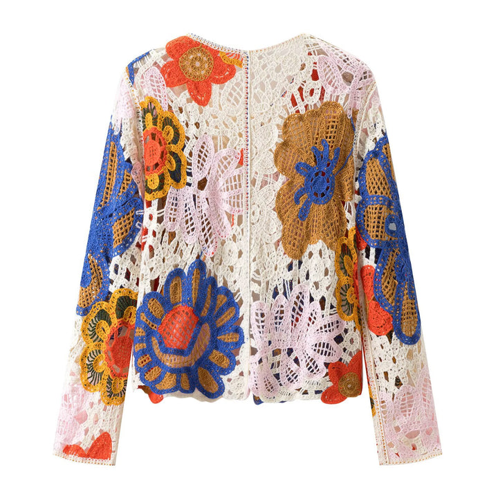 Women's Crochet Cardigan with Floral Appliqués and Tie Band Mune Fashion