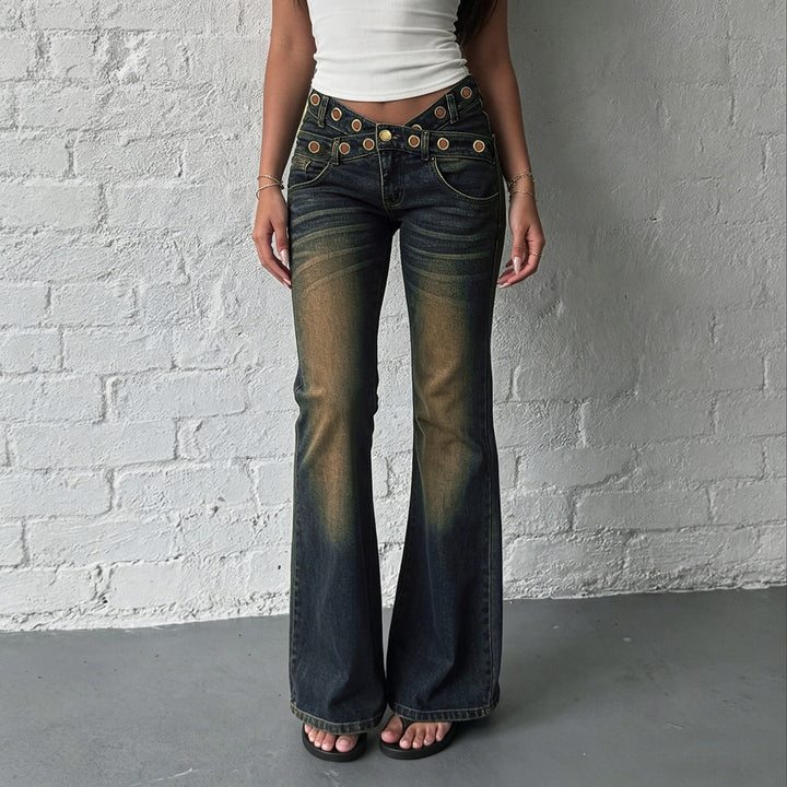 Women High-Waist Flared Jeans with Double Studded Waistband and Used Effect Mune Fashion