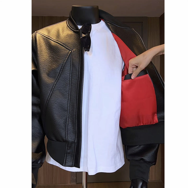 Men's tailored bomber jacket made of structured artificial leather look with stand-up collar and zipper Mune Fashion