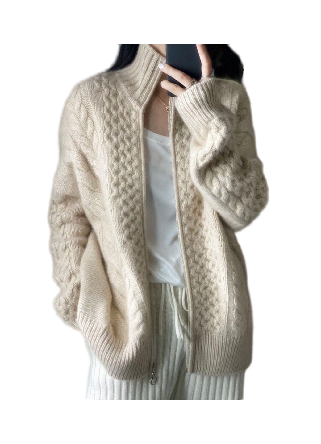 Women's Oversize Cable Knit Mock Neck Sweater in Cozy Mohair Look Mune Fashion