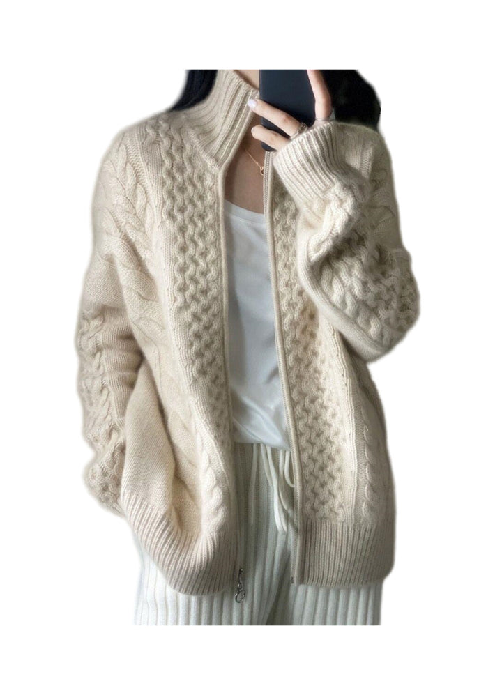 Women's Oversize Cable Knit Mock Neck Sweater in Cozy Mohair Look Mune Fashion