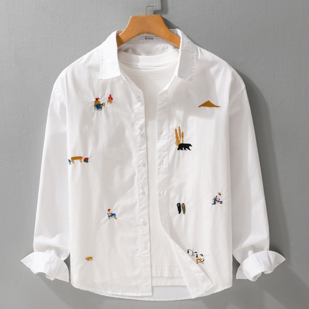 Men's Cotton Kent Collar Shirt with Fine Mini Embroideries in Relaxed Fit Mune Fashion