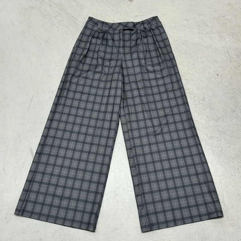 Women's Wide Checked High-Waist Culotte Pants with Pleats Mune Fashion
