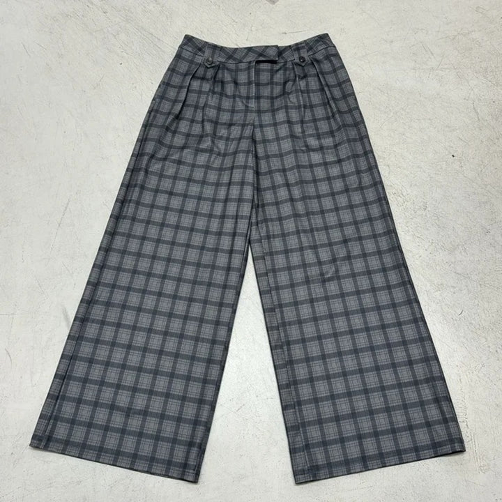 Women's Wide Checked High-Waist Culotte Pants with Pleats Mune Fashion