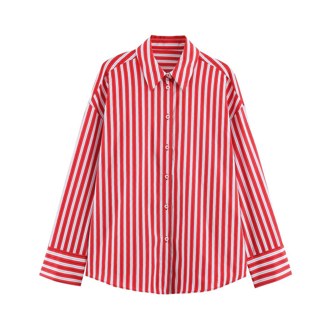 Women Oversized Striped Blouse with Shirt Collar and Cuffs Drune