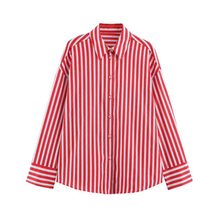 Women Oversized Striped Blouse with Shirt Collar and Cuffs Drune