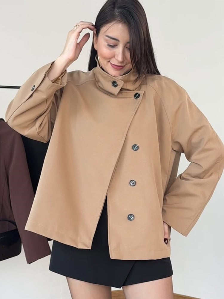 Women's short A-line coat jacket with stand-up collar and asymmetrical button placket Mune Fashion