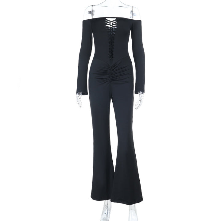 Women's off-shoulder fitted jumpsuit with lace-up bustier, hip gathering and flared pants Mune Fashion
