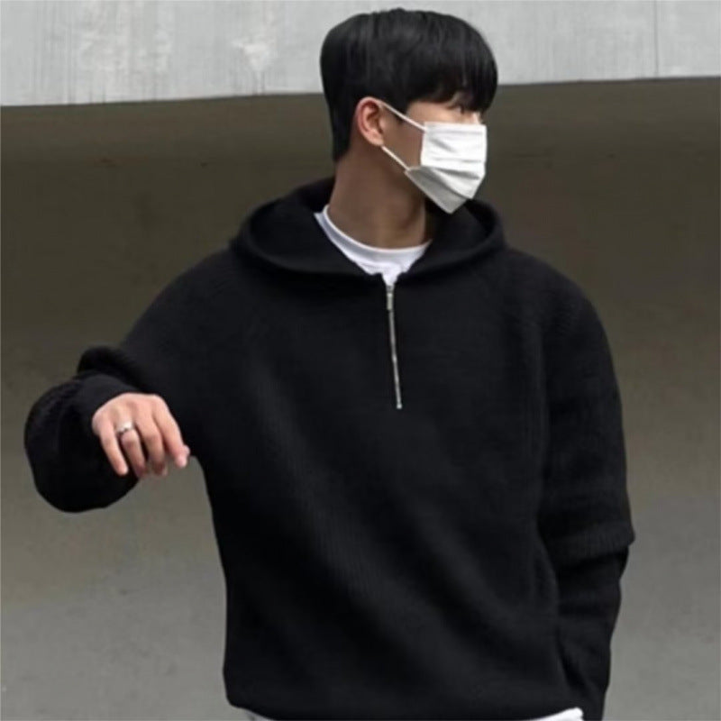 Men's Oversized Knit Half-Zip Hoodie with Ribbed Structure Mune Fashion