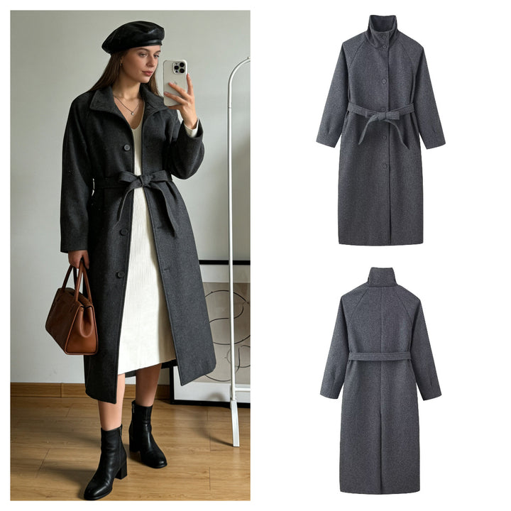 Women’s coat with tie belt, stand-up collar and raglan sleeves Mune Fashion