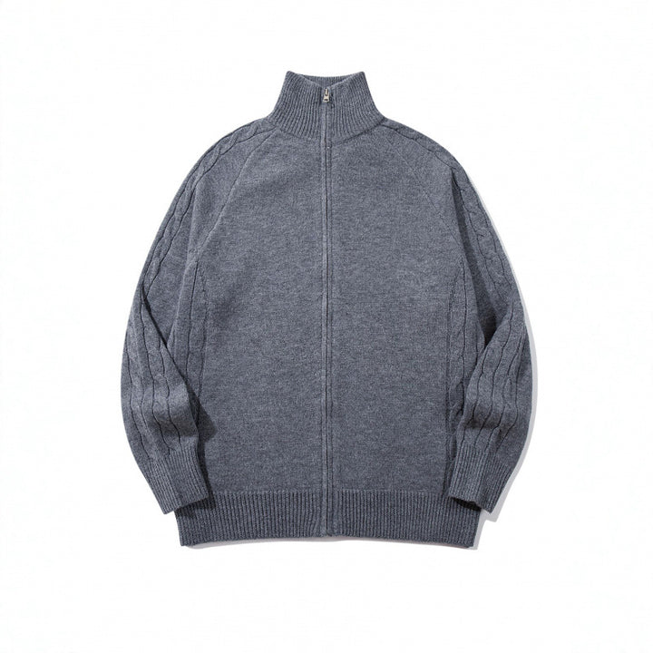 Unisex Boxy Zip Cardigan with Stand-up Collar, Cable Knit Sleeves and Ribbed Hems Mune Fashion
