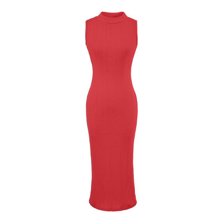 Women’s midi dress in rib knit, sleeveless slim-fit with stand-up collar Mune Fashion