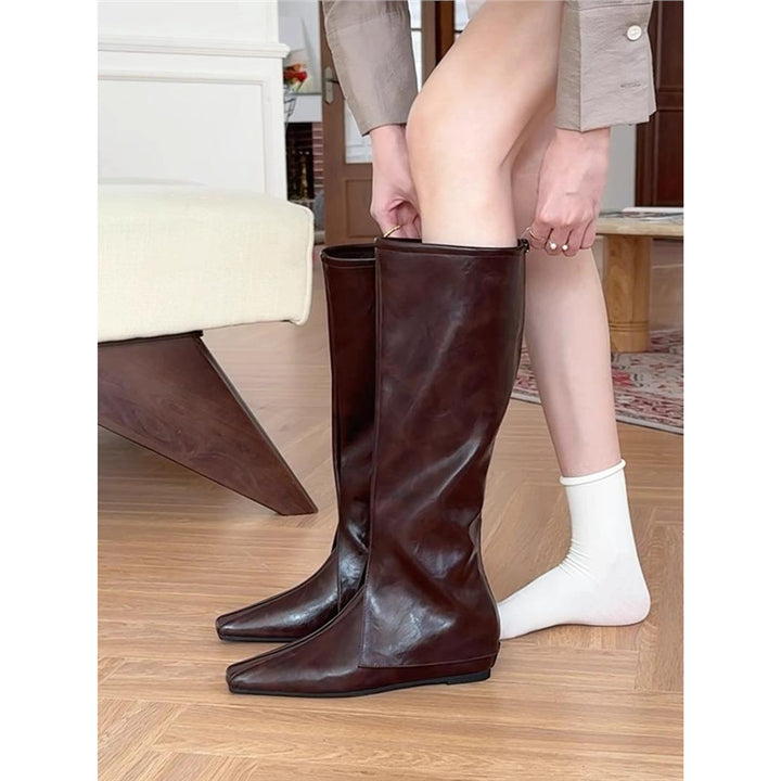 Women's Knee-Length Faux Leather Boots with Square Toe and Flat Sole Mune Fashion