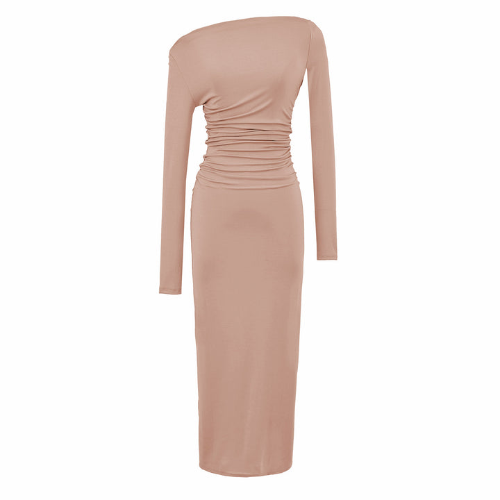 Women One-Shoulder Midi Dress with Long Sleeve and Side Gathering Mune Fashion